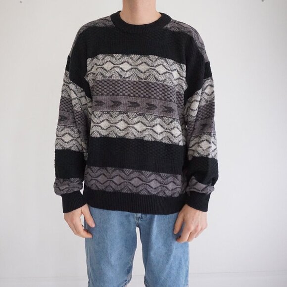 Vintage '80S Adolfo Black Gray 3D Biggie Cosby 100% Cotton Crew Neck Sweater L - Picture 1 of 9